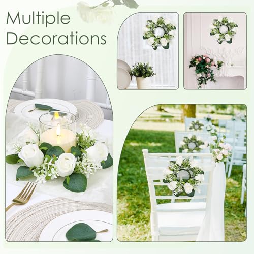 Acmee White Rose Candle Rings with Flameless Candles Sets - 12PCS Artificial Flower Eucalyptus Wedding Centerpiece 3 Inch ...