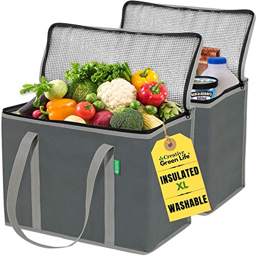 Creative Green Life XL Insulated Reusable Grocery Bags (2-Pack) - Premium Quality Cooler Bags with Hard Bottom Insert, Sta...