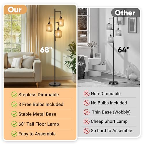 ROTTOGOON Dimmable Boho Floor Lamp - 3 Light Farmhouse Rattan Floor Lamp for Living Room, Industrial Tree Floor Lamps with...
