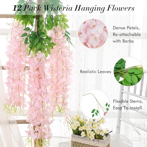 Waipfaru 12 Pack Hanging Wisteria Flowers, 3.6 Feet Light Pink Artificial Flowers, Fake Wisteria Vines for Bedroom Wedding...