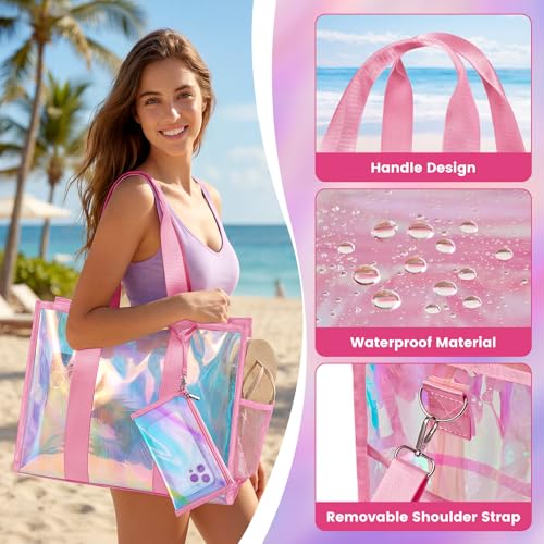 ComfyKit Iridescent Beach Tote Bag for Women - Waterproof Pool & Swim Bag with Detachable Makeup Case & Phone Pouch