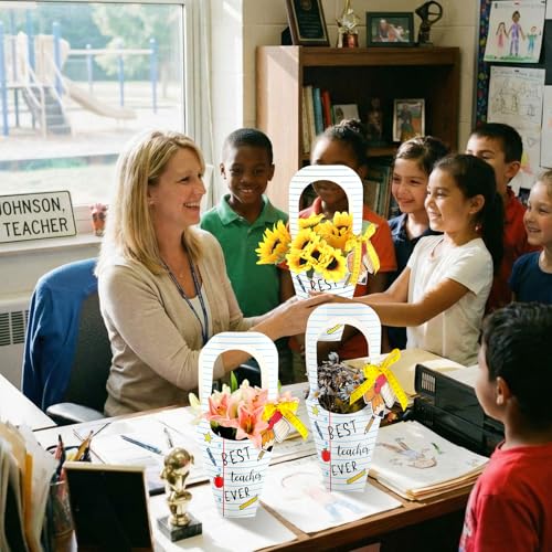 Gersoniel 24 Set Teachers' Day Gift Flower Bags Notebook Shaped Teacher Appreciation Gift Flower Bouquet Holder with Cards...