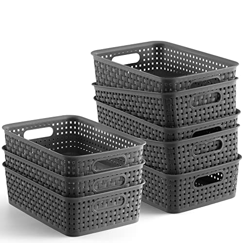 NETANY Plastic Storage Baskets - 8 Pack, Gray, Durable, Easy to Use, Flexible, Multi-Purpose, Ideal for Closets, Cabinets,...