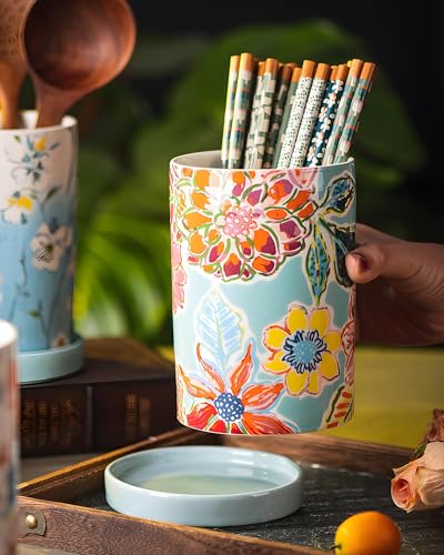 Utensil Holder for Kitchen Counter, Large Ceramic Utensil Holder Crock with Drain Tray, Hand-Painted Floral Rustic Farmhou...