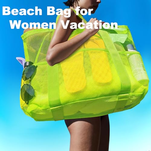 CaCTOUR Mesh Beach Bag,Large Beach Bags for Women with 8 Pockets,Packable Tote Bag for Beach Cruise Pool Vacation Essentials