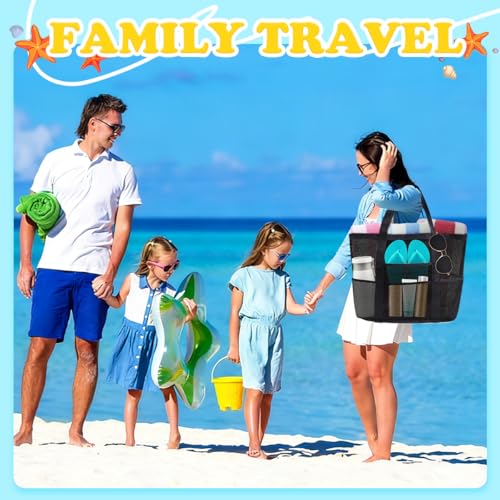 Showvigor Mesh Beach Bag - Large Beach Tote with Zipper Pocket for Family Pool Bag for Toys Vacation Essentials