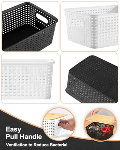 EOENVIVS Plastic Storage Baskets with Bamboo Lids for Pantry Organization and Storage Containers Bins for Shelves Drawers ...
