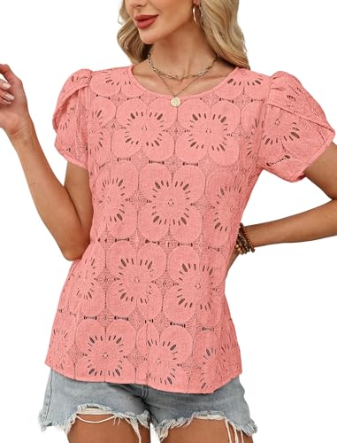 OFEEFAN Blouses for Women Dressy Casual Petal Short Sleeve Shirts Crochet Lace Boho Tops Spring Fashion Summer Outfits