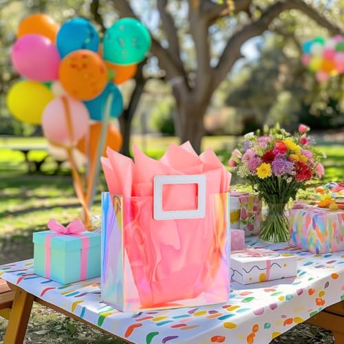VUOJUR 8.3'' Holographic Small Gift Bag with Tissue Paper Reusable Birthday Gift Bag for Girls Women Iridescent Bacheloret...