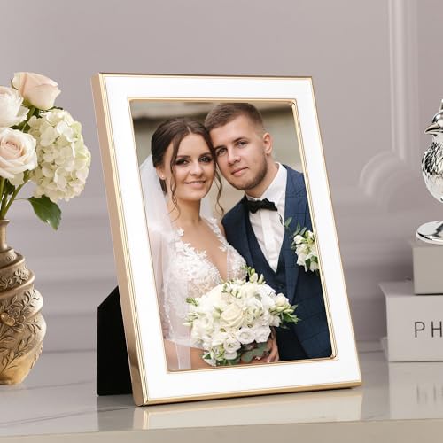 YiPinYin 4x6 White Enamel Picture Frames with metal Gold Plated Edge,HD-Real Glass & Velvet Back,for Countertop,Tabletop D...