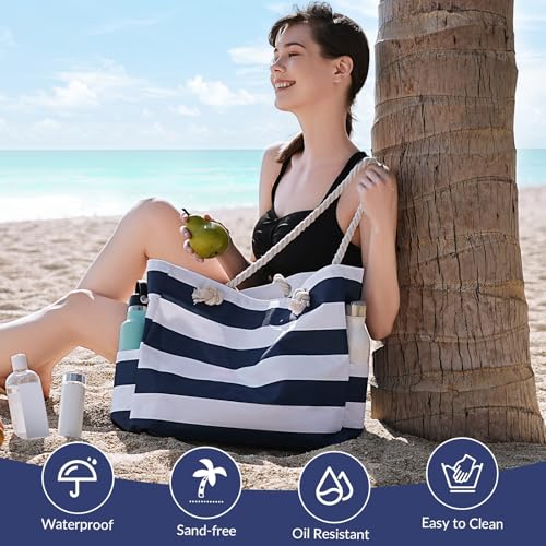 Clothirily Beach Bag for Women - Large Beach Tote Bag, Waterproof Sandproof Beach Bag with Zipper, Large Swim Pool Beach Tote