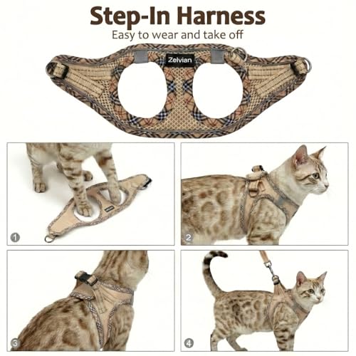 Zelvian Cat Harness and Leash Set for Walking, Escape Proof Adjustable Soft Mesh Kitten Harness with Reflective Strips, Br...