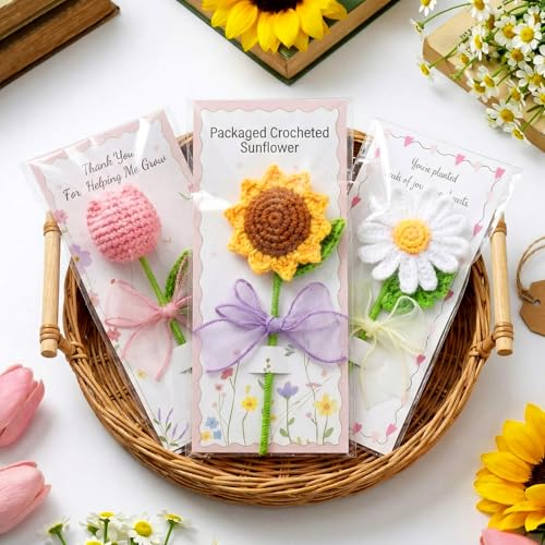 Frienda 6 Set Teacher Appreciation Gifts Crochet Flowers with Greeting Cards and Bows Knitted 5.91" Sunflowers Daisy Tulip...