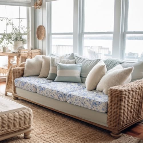 Preboun 3 Pcs Blue Floral Printed Couch Cushion Covers Stretch Chinoiserie Washable Non-Slip Sofa Slipcover Blue Toile Rep...