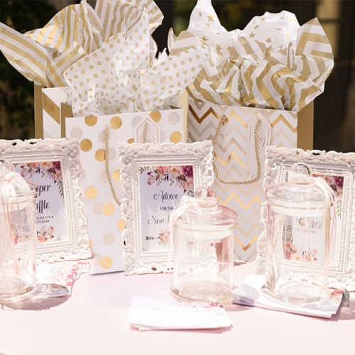 Dimetey 12pcs 9" Gift Bags, Medium Size Paper Bags with Tissue Paper, White Gold Wrap Paper Gift Bags with Handles for Sho...