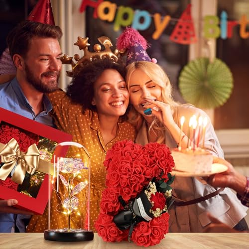 Mothers Day Rose Gifts for Mom Women Wife Girlfriend, Rose Bear & Beauty and the Beast-Inspired Rainbow Light-Up Roses Gif...