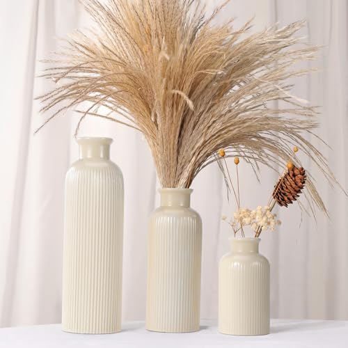 Small Beige Ceramic Vase Set of 3, Boho Modern Beige Flower Vase Room Decor, Farmhouse Decor, Vases for Your Kitchen, Bath...