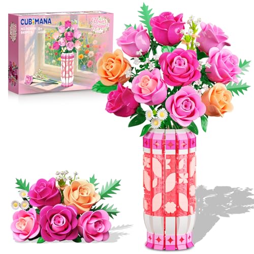 CUBIMANA Romantic Pink Roses Bouquet Building Set with Vase & LED Light- Gifts for Mothers Day - 3.6MM Mini Flowers Buildi...