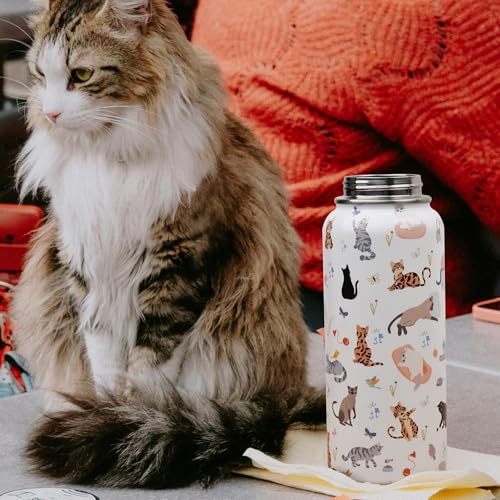 Insulated Water Bottle 32 oz, Cat Water Bottle with Straw and Lid, Reusable Leakproof Water Bottle Stainless Steel, Cat Lo...