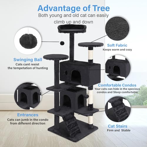 FDW | 54" Cat Tree Tower | Dark Gray | Multi-Level Indoor Activity Center with Sisal Scratching Posts, Condos, Plush Perch...