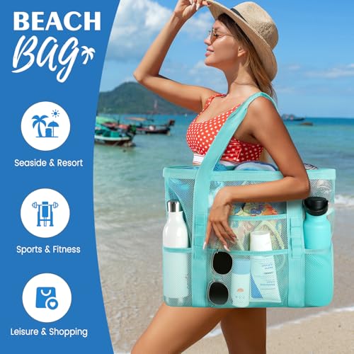 Ymomode Beach Bag - Mesh Beach Bag Large 8 Pockets, Beach Tote Bag Beach Essentials for Vacation Must Haves