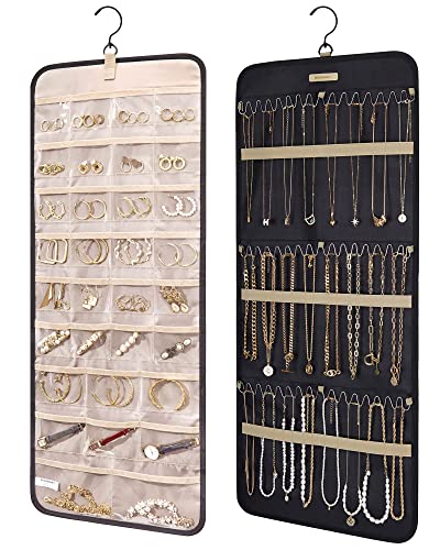 BAGSMART Hanging Jewelry Organizer Storage Roll with Hanger Metal Hooks Double-Sided Jewelry Holder for Earrings, Necklace...