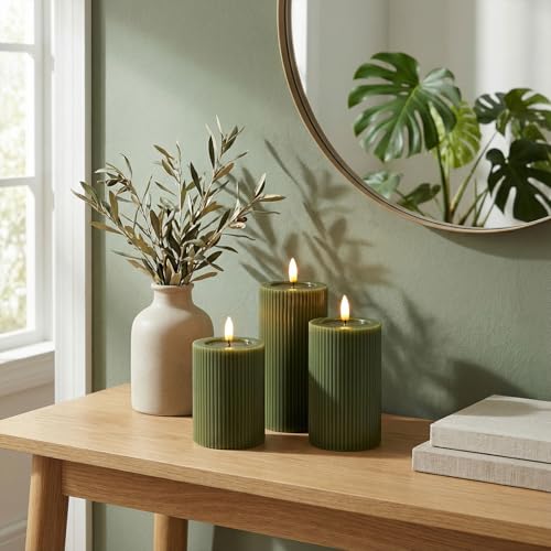 WYZworks Ribbed Fluted Real Wax Flameless LED Pillar Candles, Loden Sage Olive Green, Melted-Wax Top Look, Flickering Flam...
