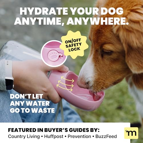 MalsiPree Leak-Proof Portable Dog Water Bottle for Travel - 19 oz, with Pink Bowl - Food Grade Plastic - Dog Bowls - Puppy...