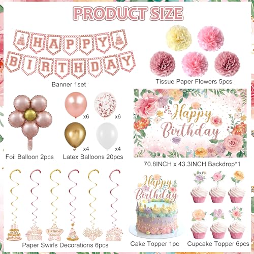 Holkcog Flower Birthfday Party Decorations for Girl, Pink Florals Ballons Banner Background, Cake Tppper, Garden Tea Party...