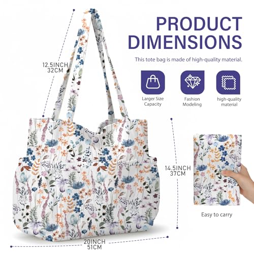 Corduroy Tote Bag for Women,Large Capacity Cute Tote Bags With 6 Pockets,Crossbody Shoulder Handbag for Work Travel Gym