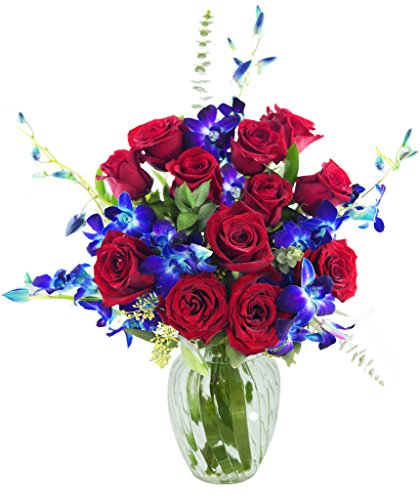 KaBloom PRIME NEXT DAY DELIVERY - Fall Collection - Symphony Bouquet of 12 Red Roses, 5 Blue Orchids and Greens with Vase....