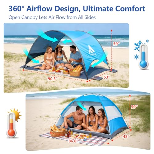 Flycoop 2026 Upgraded Beach Umbrella Canopy with UPF 50+ UV Protection – Portable Beach Tent for Sun, 360° Ventilation, 4 ...