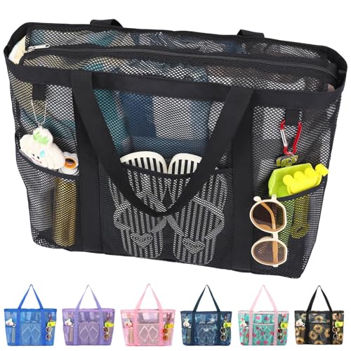 Fammart Mesh Beach Bag with Zipper for Women, Large Beach Tote Sandproof Toys Pool Swim Bag Travel Vacation Cruise Essentials