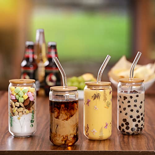 Drinking Glasses with Bamboo Lids and Glass Straw 4pcs Set - 16oz Glass Cups, Iced Coffee Glasses, Cute iced Tea Glasses, ...