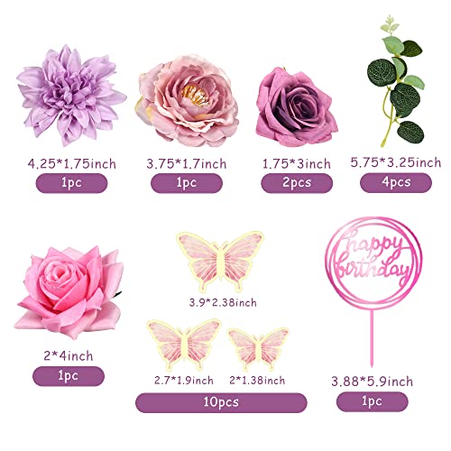 20 PCS Flower Cake Toppers Butterfly Cake Decorations Happy Birthday Cake Toppers with Pink Purple Flowers Eucalyptus Butt...