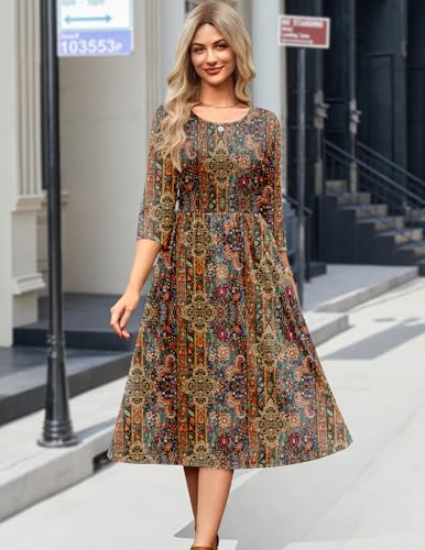 Zeagoo 3/4 Sleeve Women's Dress Casual Flowy A-Line Midi Tshirt Dresses with Pockets Crewneck Vocation Boho Beach Sundress