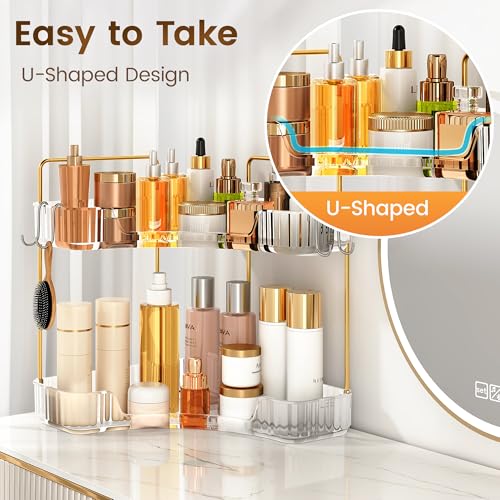 Kinkota Corner Bathroom Counter Organizer 2 Tier Bathroom Organizers and Storage Countertop with Hooks Skin Care Exquisite...