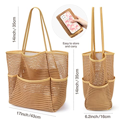KPX Beach Bag with Mini Pocket, Summer Beach Tote Bags for Women Large Foldable Mesh Swimming Pool Travel Bags - Sandproof