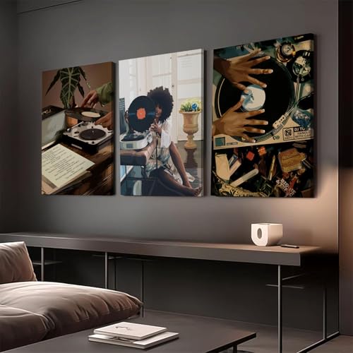 YFvrPt Black Girl Wall Art Decor Modern Black Woman Painting Prints, Set of 3 African American Music Record Player Poster ...