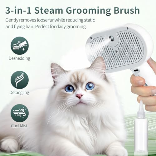 Pet Steam Deshedding Brush for Dogs & Cats – 3-in-1 Self-Cleaning Grooming Comb, Anti-Static Cool Mist Spray, USB Recharge...