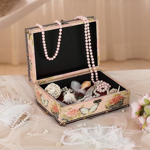 ELLDOO Butterfly Treasure Chest Box, Wooden + PU Leather Storage Decorative Box for Jewelry Trinkets Photos, Rectangular K...