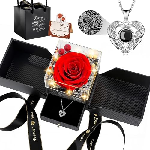 TranquilBliss Gifts for Mom, Preserved Real Red Rose Gift Box with Heart Necklace,“I Love You” in 100 Languages, I Love Yo...