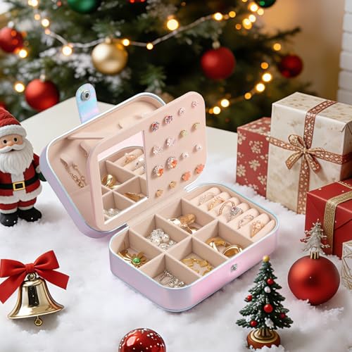 LAMU Travel Jewelry Box, Portable Jewelry Organizers and Stroage, Glowing Rainbow Small Jewelry Case for Earrings Rings Ne...