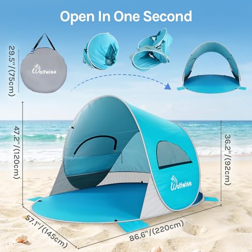 Wolfwise Pop up Beach Tent Sun Shelter with UPF50+ UV Protection, Instant Easy Setup Popup Beach Shade Canopy for 3 Perso...