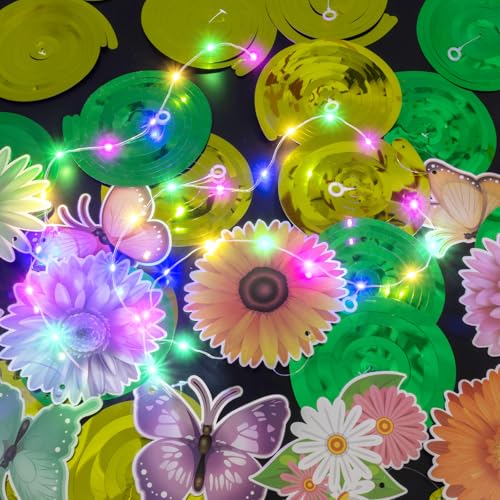 33pcs Spring Hanging Decorations for Home - Flower Butterfly Hanging Swirls with Led Lights for Spring Summer Easter Flowe...