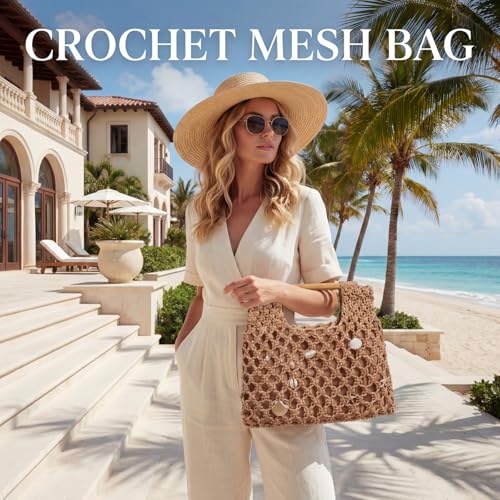 Sunnymove Women Crochet Woven Mesh Handbag Summer Seaside Beach Vacation Straw Tote Purse Wedding Party Gift