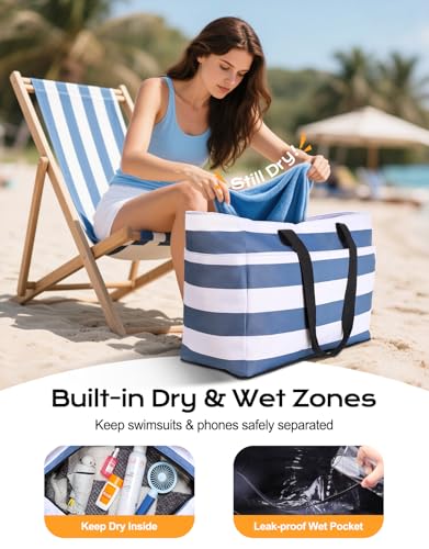 Vewaci Large Beach Bags for Women, Waterproof Sandproof Beach Tote Pool Bag with Wet Compartment & Zipper, Gifts for Mom