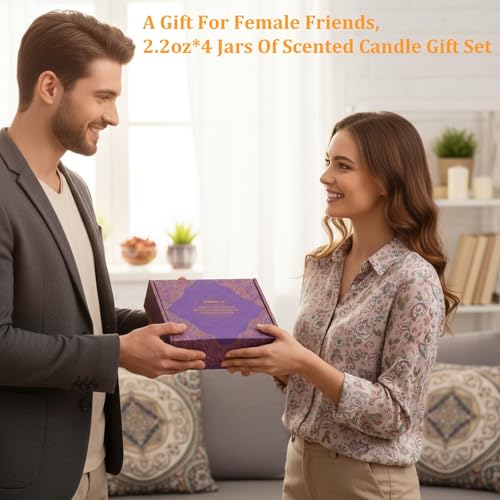 Aromatherapy Candle Gift Set 4 Pack Soy Wax Candles, Lavender, Lemon, Vanilla & White Peach Long-Lasting Clean Burn for Re...