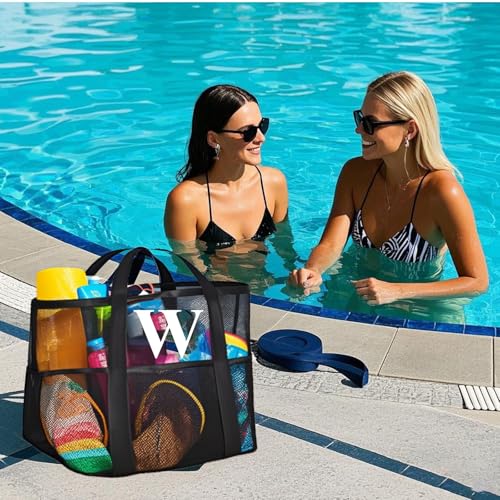 wanchel Personalized Mesh Beach Bag for Women - Waterproof Initial Tote Bag for Family Travel, Toys, Vacation Essentials