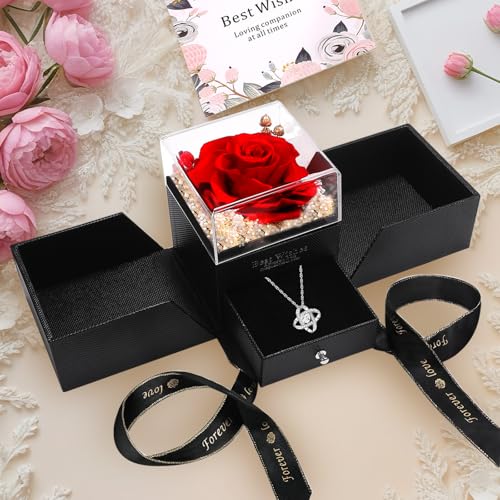 Mealcon Eternal Preserved Red Rose with Necklace Gift Box Romantic Real Flower for Women Ideal for Birthday, Anniversary, ...